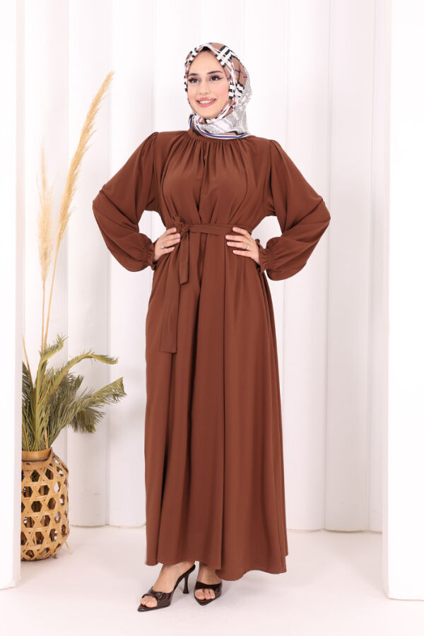 Yaka ve Kol Manşetleri Büzgü Görünümlü Kuşaklı Elbise 6014 Kahverengi - 2