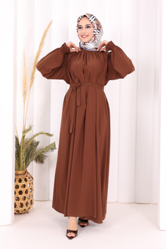 Yaka ve Kol Manşetleri Büzgü Görünümlü Kuşaklı Elbise 6014 Kahverengi - 4