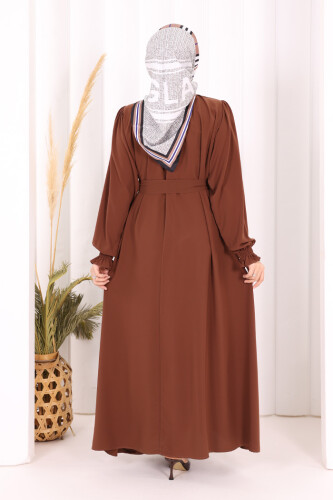 Yaka ve Kol Manşetleri Büzgü Görünümlü Kuşaklı Elbise 6014 Kahverengi - 5