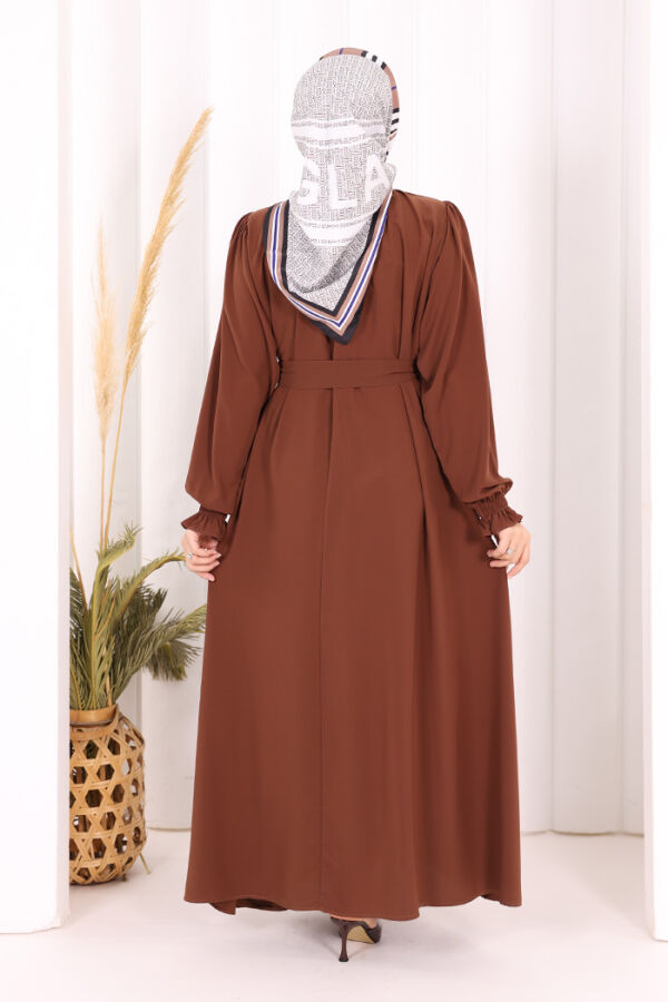 Yaka ve Kol Manşetleri Büzgü Görünümlü Kuşaklı Elbise 6014 Kahverengi - 5