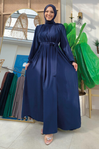 Yaka ve Kol Manşetleri Büzgü Görünümlü Kuşaklı Elbise 6014 Lacivert - 1