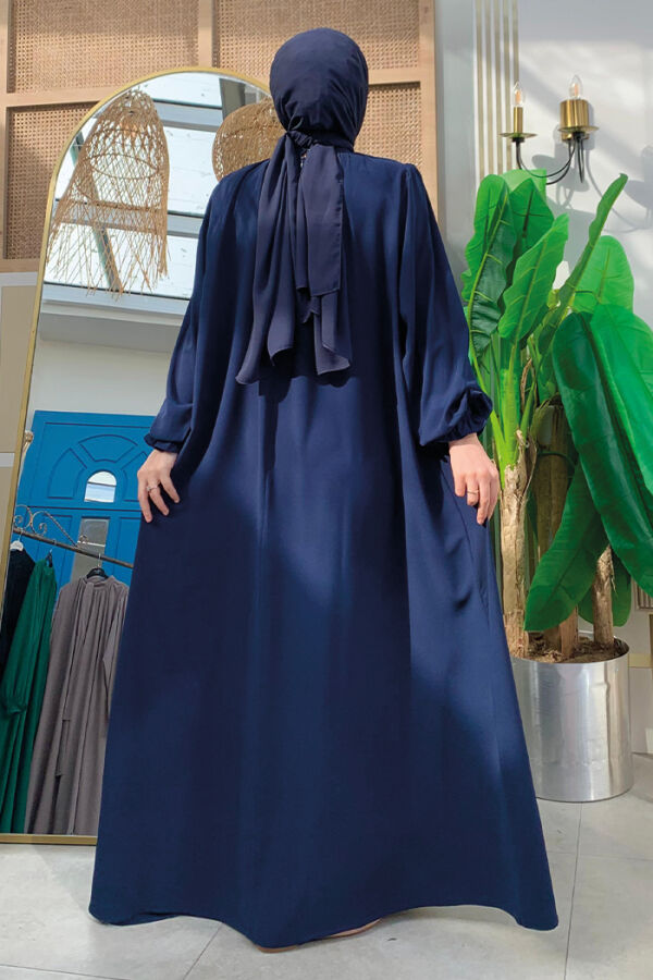 Yaka ve Kol Manşetleri Büzgü Görünümlü Kuşaklı Elbise 6014 Lacivert - 2