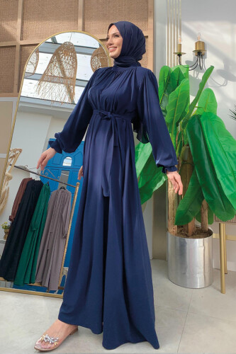 Yaka ve Kol Manşetleri Büzgü Görünümlü Kuşaklı Elbise 6014 Lacivert - 3