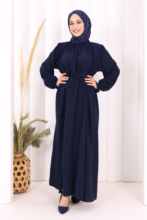 Yaka ve Kol Manşetleri Büzgü Görünümlü Kuşaklı Elbise 6014 Lacivert - 1