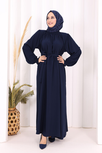 Yaka ve Kol Manşetleri Büzgü Görünümlü Kuşaklı Elbise 6014 Lacivert - 2