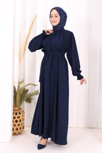 Yaka ve Kol Manşetleri Büzgü Görünümlü Kuşaklı Elbise 6014 Lacivert - 3