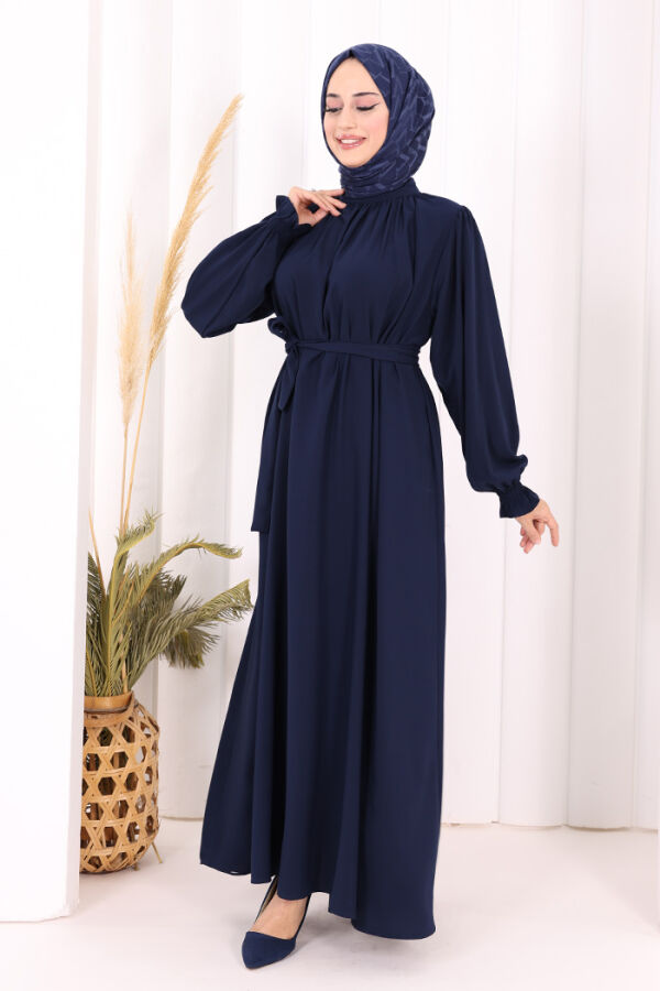 Yaka ve Kol Manşetleri Büzgü Görünümlü Kuşaklı Elbise 6014 Lacivert - 3