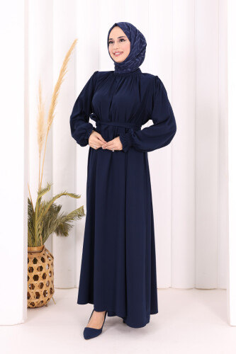 Yaka ve Kol Manşetleri Büzgü Görünümlü Kuşaklı Elbise 6014 Lacivert - 4