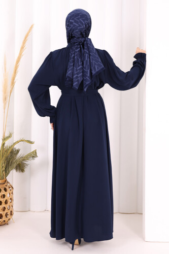 Yaka ve Kol Manşetleri Büzgü Görünümlü Kuşaklı Elbise 6014 Lacivert - 5