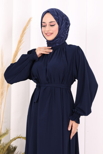Yaka ve Kol Manşetleri Büzgü Görünümlü Kuşaklı Elbise 6014 Lacivert - 6