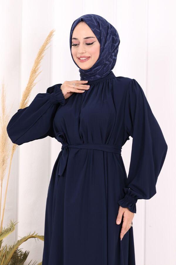 Yaka ve Kol Manşetleri Büzgü Görünümlü Kuşaklı Elbise 6014 Lacivert - 6
