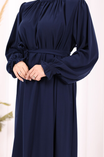 Yaka ve Kol Manşetleri Büzgü Görünümlü Kuşaklı Elbise 6014 Lacivert - 7