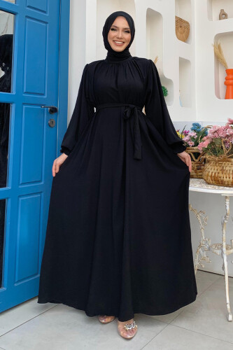 Yaka ve Kol Manşetleri Büzgü Görünümlü Kuşaklı Elbise 6014 Siyah 