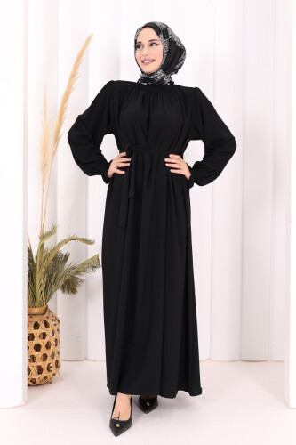 Yaka ve Kol Manşetleri Büzgü Görünümlü Kuşaklı Elbise 6014 Siyah