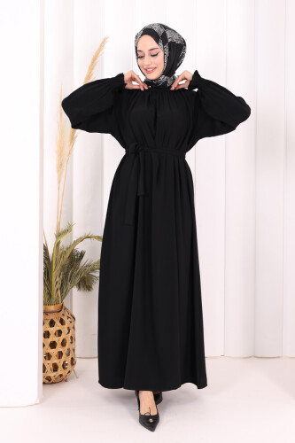 Yaka ve Kol Manşetleri Büzgü Görünümlü Kuşaklı Elbise 6014 Siyah - 5