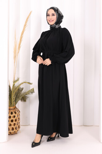 Yaka ve Kol Manşetleri Büzgü Görünümlü Kuşaklı Elbise 6014 Siyah - 6