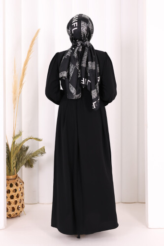 Yaka ve Kol Manşetleri Büzgü Görünümlü Kuşaklı Elbise 6014 Siyah - 7