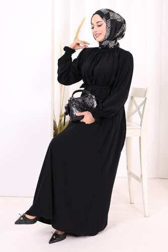 Yaka ve Kol Manşetleri Büzgü Görünümlü Kuşaklı Elbise 6014 Siyah - 1