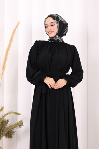 Yaka ve Kol Manşetleri Büzgü Görünümlü Kuşaklı Elbise 6014 Siyah - 2
