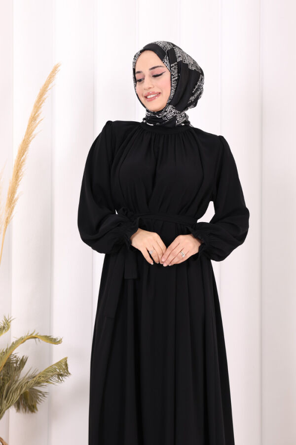 Yaka ve Kol Manşetleri Büzgü Görünümlü Kuşaklı Elbise 6014 Siyah - 2