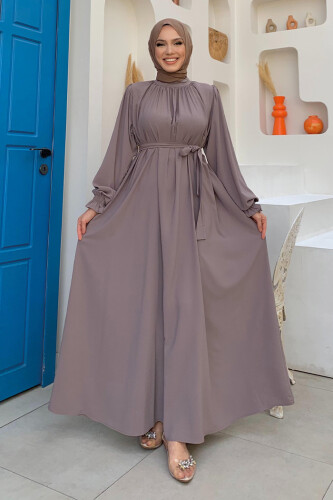 Yaka ve Kol Manşetleri Büzgü Görünümlü Kuşaklı Elbise 6014 Vizon - 1