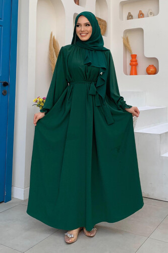 Yaka ve Kol Manşetleri Büzgü Görünümlü Kuşaklı Elbise 6014 Zümrüt - 1