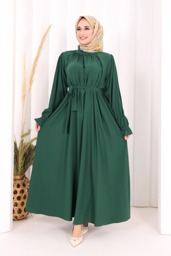 Yaka ve Kol Manşetleri Büzgü Görünümlü Kuşaklı Elbise 6014 Zümrüt