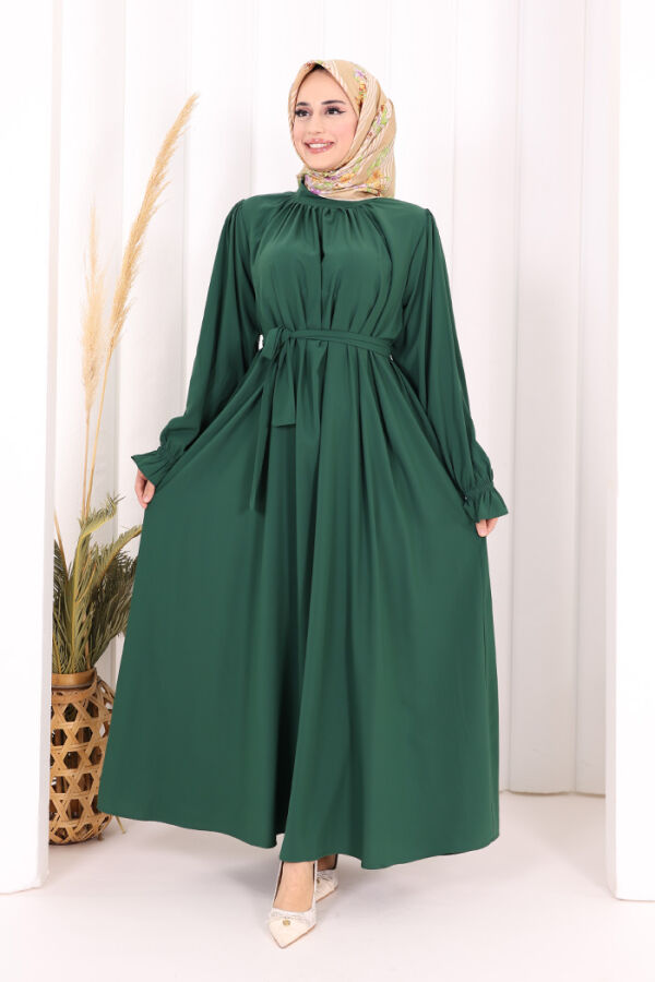 Yaka ve Kol Manşetleri Büzgü Görünümlü Kuşaklı Elbise 6014 Zümrüt - 3
