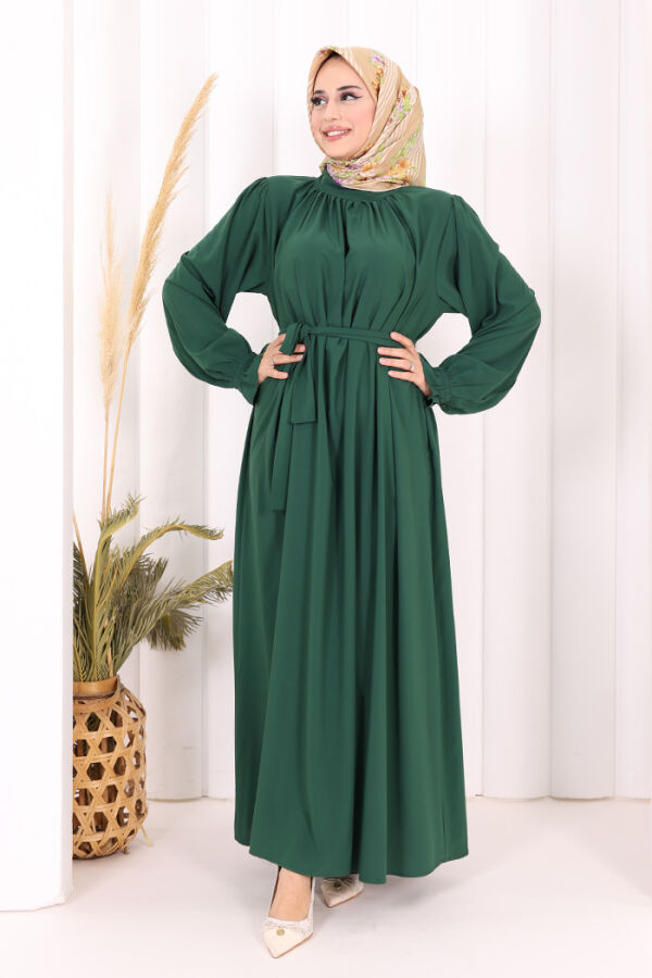 Yaka ve Kol Manşetleri Büzgü Görünümlü Kuşaklı Elbise 6014 Zümrüt - 4