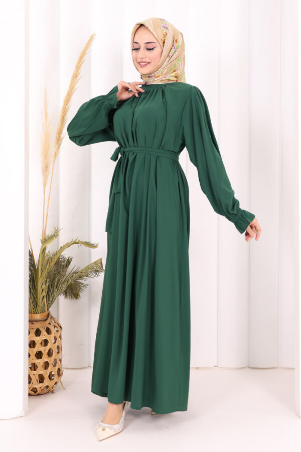 Yaka ve Kol Manşetleri Büzgü Görünümlü Kuşaklı Elbise 6014 Zümrüt - 5
