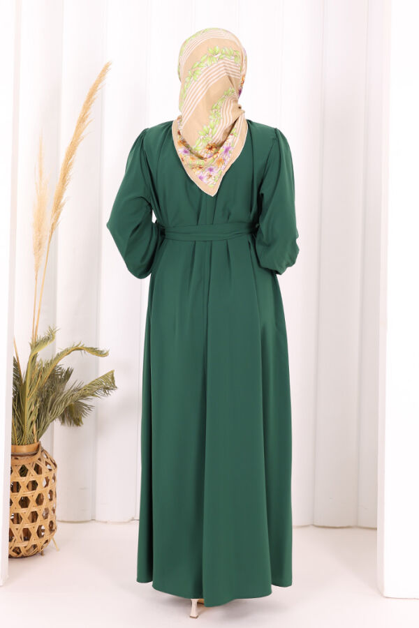 Yaka ve Kol Manşetleri Büzgü Görünümlü Kuşaklı Elbise 6014 Zümrüt - 6
