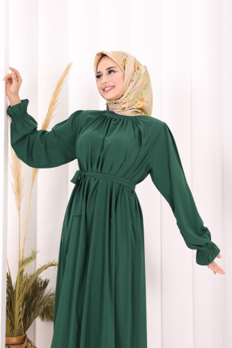 Yaka ve Kol Manşetleri Büzgü Görünümlü Kuşaklı Elbise 6014 Zümrüt - 1