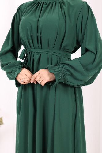 Yaka ve Kol Manşetleri Büzgü Görünümlü Kuşaklı Elbise 6014 Zümrüt - 2