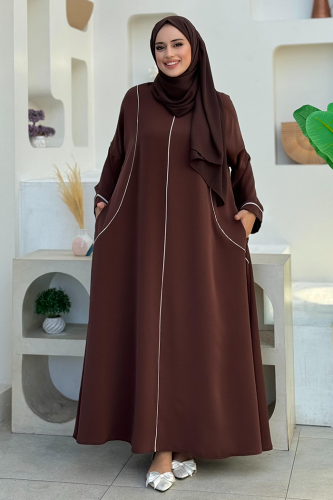 Cepli Şerit Detaylı Elbise 6018 Kahverengi - Bym Fashion