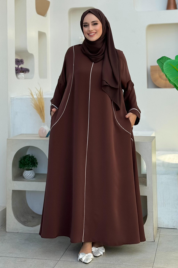 Cepli Şerit Detaylı Elbise 6018 Kahverengi - 1