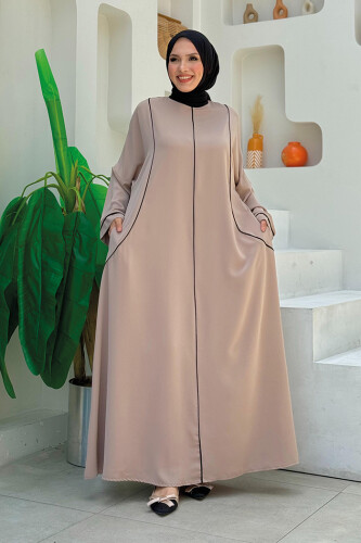 Cepli Şerit Detaylı Elbise 6018 Vizon - Bym Fashion