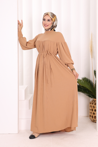 Roba Büzgülü Örme Elbise 6019 Taba - 2