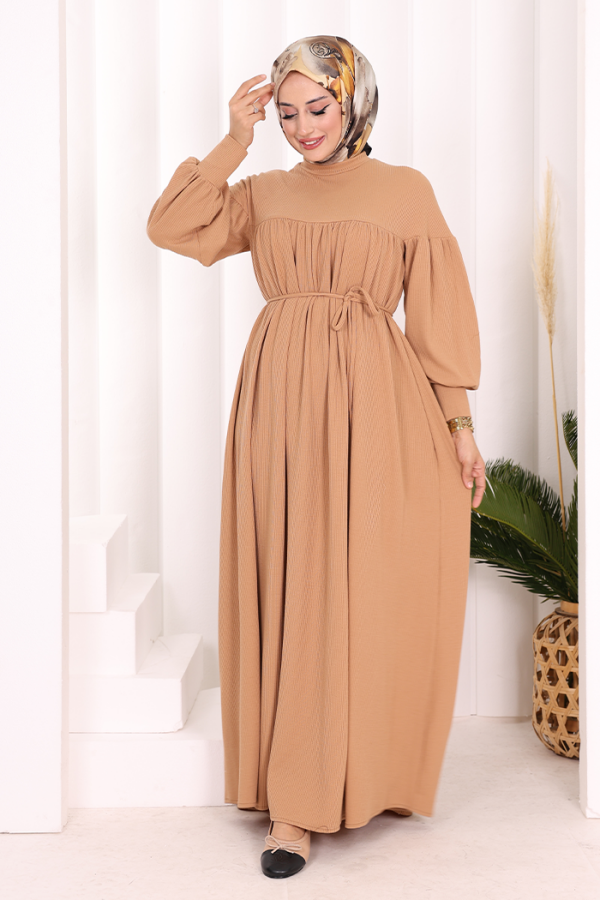 Roba Büzgülü Örme Elbise 6019 Taba - 3