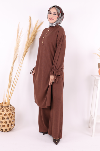 Düğme Detay Örme Tunik ve Pantolon İkili Takım 6020 Kahverengi - Bym Fashion