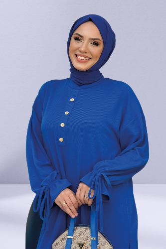 Düğme Detay Örme Tunik ve Pantolon İkili Takım 6020 Saks - 3