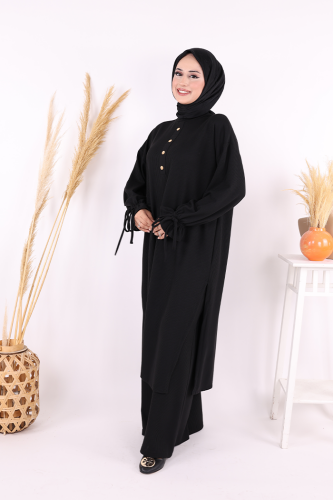 Düğme Detay Örme Tunik ve Pantolon İkili Takım 6020 Siyah - Bym Fashion