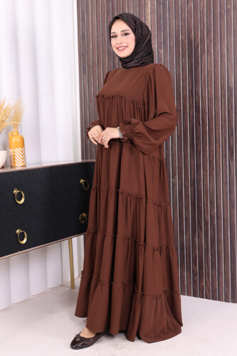 Dubai Katlı Salaş Elbise 6023 Kahverengi - 2