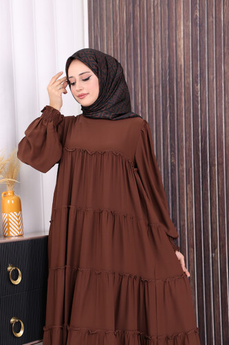 Dubai Katlı Salaş Elbise 6023 Kahverengi - 4