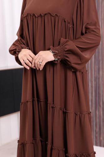 Dubai Katlı Salaş Elbise 6023 Kahverengi - 5