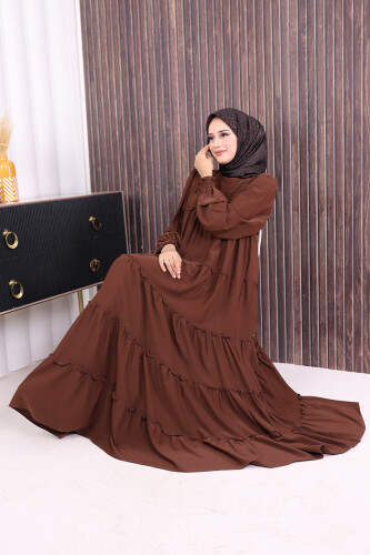 Dubai Katlı Salaş Elbise 6023 Kahverengi - 6
