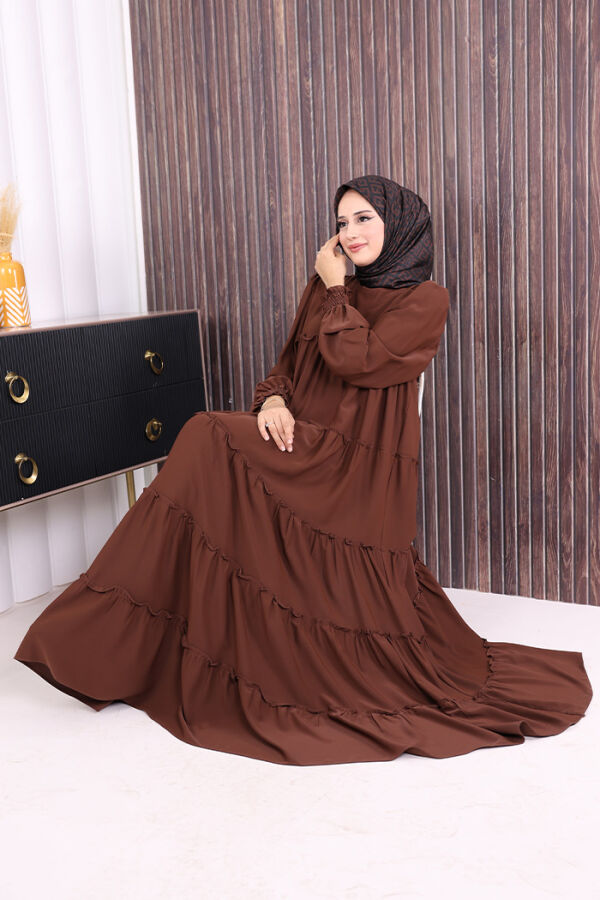 Dubai Katlı Salaş Elbise 6023 Kahverengi - 6