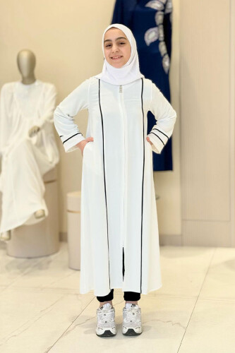 Fermuarlı Biyeli Çocuk Feracesi 6031 Ekru - Bym Fashion