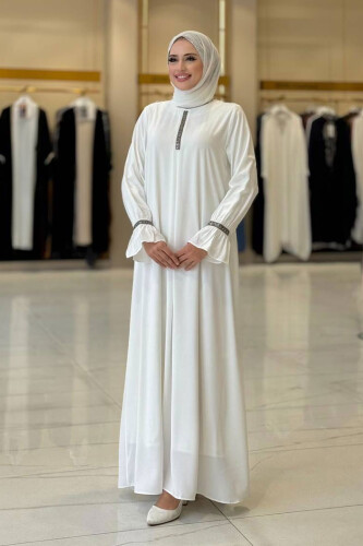 Taş Detaylı Elbise 6033 Ekru - Bym Fashion