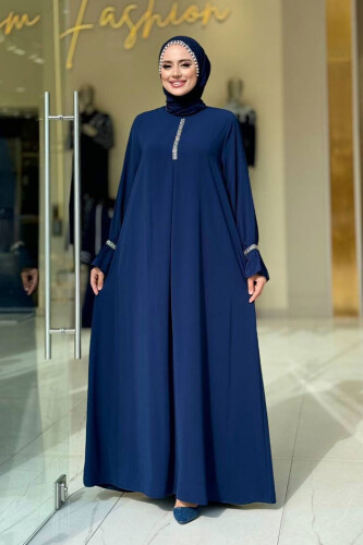 Taş Detaylı Elbise 6033 Lacivert - Bym Fashion