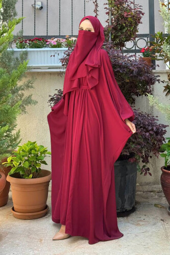 Umre Yarasakol Belden Kuşaklı Peçeli, Şallı Elbise 6038 Bordo - 3